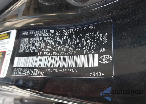 2011 Toyota Avalon Limited z USA, uszkodzony, nr VIN 4T1BK3DB5BU392500